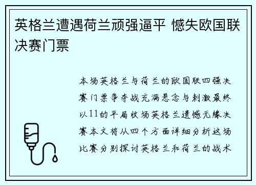 英格兰遭遇荷兰顽强逼平 憾失欧国联决赛门票