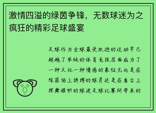 激情四溢的绿茵争锋，无数球迷为之疯狂的精彩足球盛宴