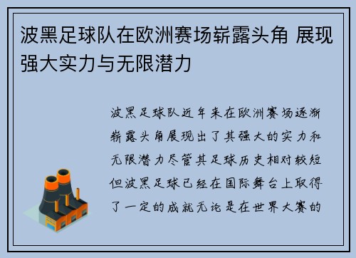 波黑足球队在欧洲赛场崭露头角 展现强大实力与无限潜力