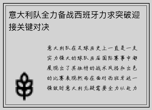 意大利队全力备战西班牙力求突破迎接关键对决