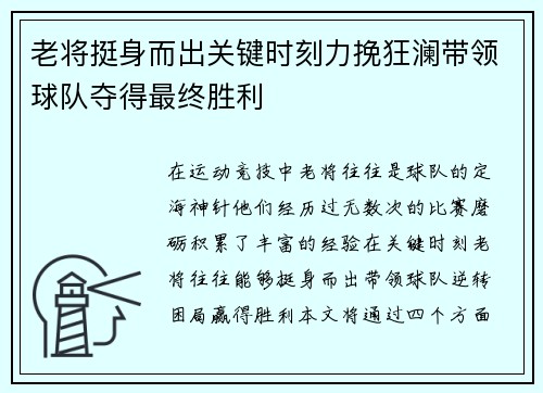 老将挺身而出关键时刻力挽狂澜带领球队夺得最终胜利
