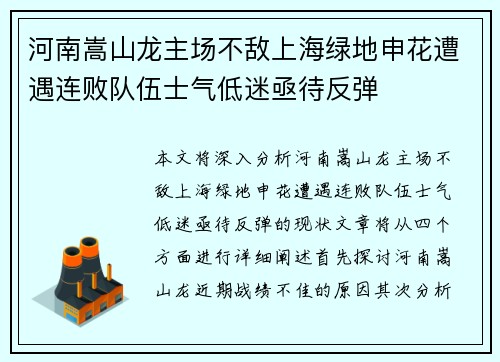 河南嵩山龙主场不敌上海绿地申花遭遇连败队伍士气低迷亟待反弹